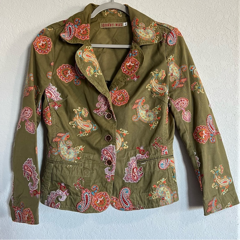 Johnny Was Embroidered Paisley Twill Cotton Blazer Jacket Small